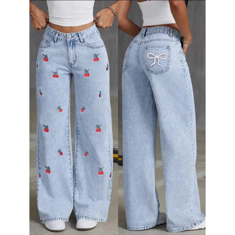 Embroidered wide leg jeans